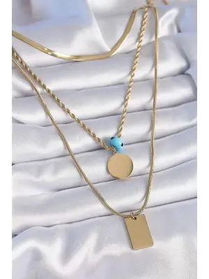  Altın  3lü Zincir Model Plaka Figür  Çelik Kolye