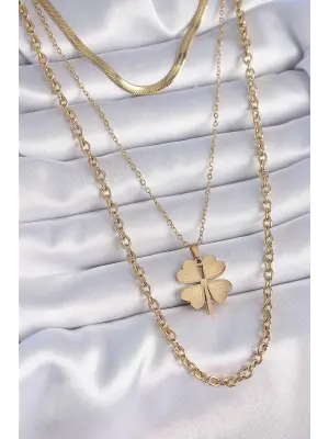  Altın  3lü Zincir Papatya Model  Çelik Kolye