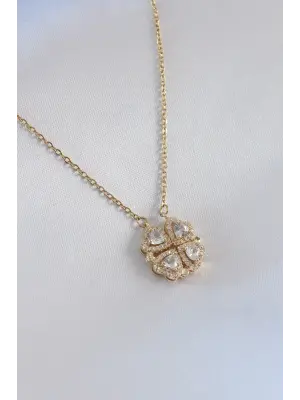  Altın  Açılır Yonca Model Zirkon Taşlı  Çelik Kolye