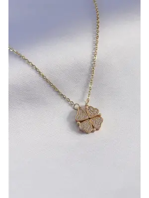 Altın Açılır Zirkon Taşlı Yonca Model Çelik Kolye