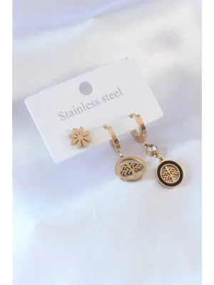 316L Çelik Gold renk Ağaç Model Çiçek Detay Zirkon Taşlı Kadın Küpe