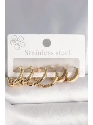 316L Çelik Gold Renk Altıgen Halka Model Kadın Küpe Seti