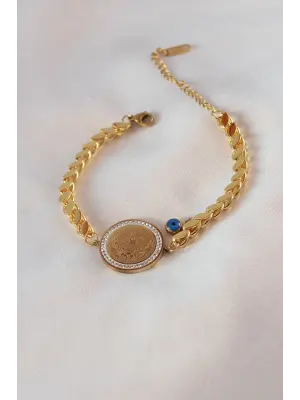 316L Çelik Gold Renk Arpa Zincir Model Osmanlı Tuğra İşleme Zirkon Taş Detay Kadın Bileklik