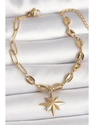 316L Çelik Gold Renk Arpa Zincir Model Sallantı Kutup Yıldız Figür Kadın Bileklik