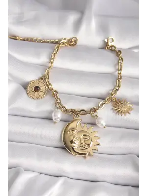 316L Çelik Gold Renk Ay Dede Güneş Figür Güneş Detay Kadın Bileklik