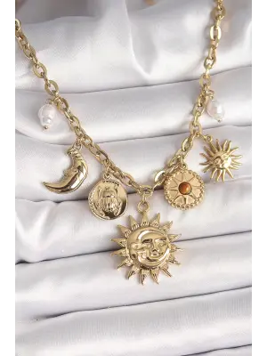 316L Çelik Gold Renk Ay Güneş Model İnci Detay Kadın Kadın Kolye
