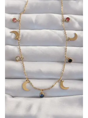  Altın  Ay Model li Zirkon Taşlı Çelik Kolye