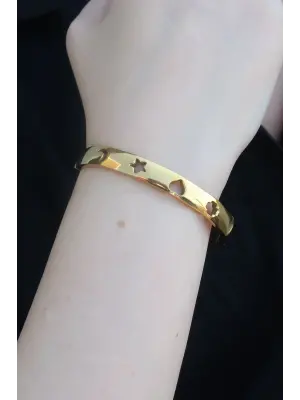 316L Çelik Gold Renk Ay Yıldız İşleme Kadın Kelepçe