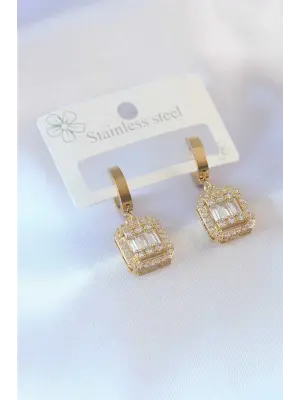 316L Çelik Gold Renk Baget Zirkon Taş Model Kadın Küpe