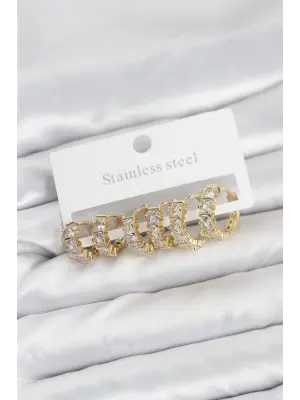 316L Çelik Gold Renk Baget Zirkon Taşlı Halka Küpe Seti