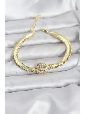 316L Çelik Gold Renk Baget Zirkon Taşlı Yılan Zincirli Kadın Bileklik