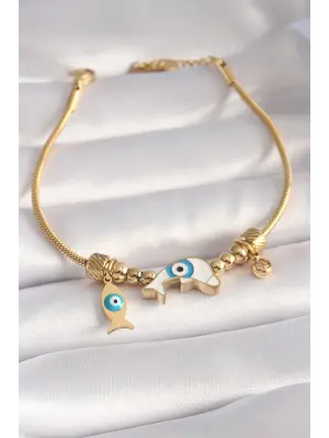 316L Çelik Gold Renk Balık Figür Nazar Boncuk İşleme Kadın Bileklik