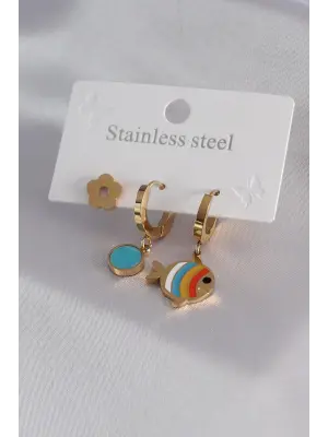 316L Çelik Gold Renk Balık Model Çiçek Detay Kadın Küpe Kombini