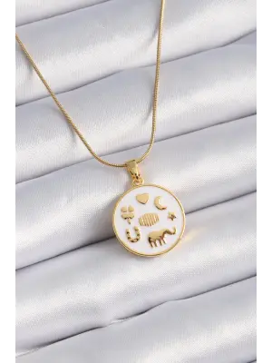  Altın  Beyaz İşlemeli Madalyon Model Vintage  Çelik Kolye