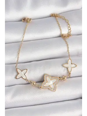 316L Çelik Gold Renk Beyaz Mineli Çiçek Model Zirkon Taş Detay Kadın Bileklik