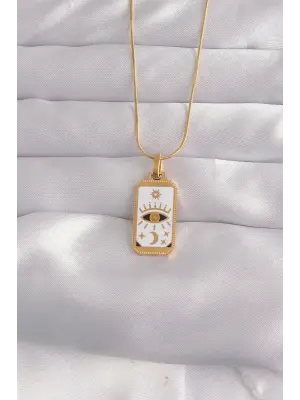  Altın  Beyaz Mineli Göz Figür Tarot Çelik Kolye