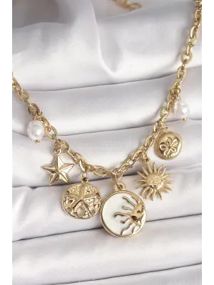 316L Çelik Gold Renk Beyaz Mineli Gün Batımı Figür Yıldız Güneş Detay Kadın Kolye