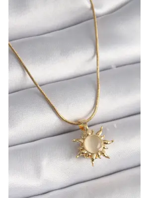  Altın  Beyaz Mineli Güneş Model  Çelik Kolye