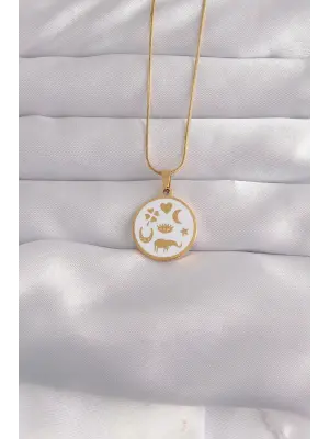  Altın  Beyaz Mineli Karışık Figürlü Tarot Çelik Kolye