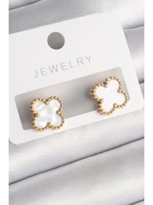   Altın Beyaz Minelik Yonca Model Çelik Küpe