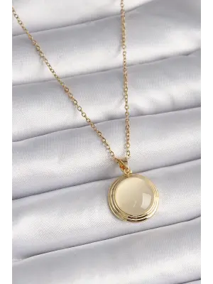  Altın  Beyaz Sedefli Daire Model  Çelik Kolye