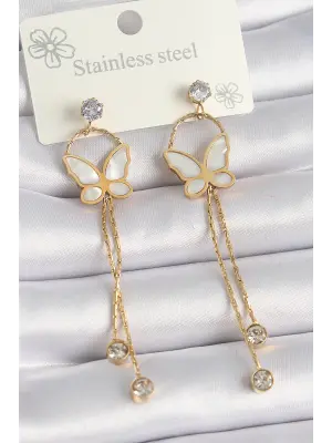   Altın Beyaz Sedefli Kelebek Model Sallantı Zirkon Taşlı Çelik Küpe