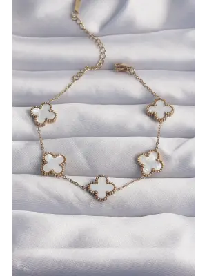 316L Çelik Gold Renk Beyaz Sedefli Yonca Bileklik