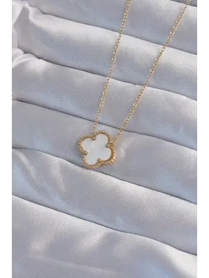  Altın  Beyaz Sedefli Yonca Çelik Kolye