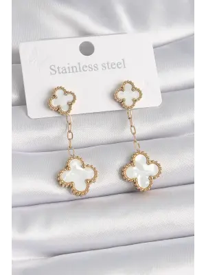   Altın Beyaz Sedefli Yonca Model Çelik Küpe