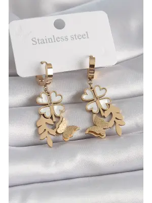   Altın Beyaz Sedefli Yonca Simli Kelebek Figür Çelik Küpe