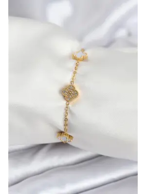 316L Çelik Gold Renk Beyaz ve Zirkon Taşlı Baby Boy Yonca Kadın Bileklik
