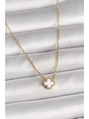 316L Çelik Gold Renk Beyaz Yonca Model Kadın Kolye