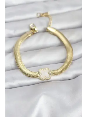 316L Çelik Gold Renk Beyaz Yonca Model Zirkon Taşlı Yılan Zincirli Kadın Bileklik