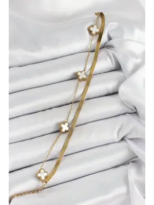 316L Çelik Gold Renk Beyaz Yoncalı 2li Kadın Bileklik