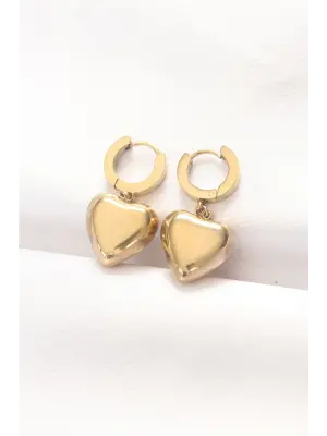   Altın Bombeli Kalp Tasarımlı Küpe