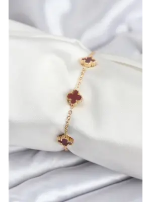 316L Çelik Gold Renk Bordo Baby Boy Yonca Kadın Bileklik
