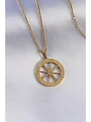 316L Çelik Gold Renk Burçlar İşleme Zirkon Taşlı Kadın Kolye