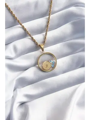  Altın  Burgu Model Altın Figür Nazar Boncuk Detay  Çelik Kolye