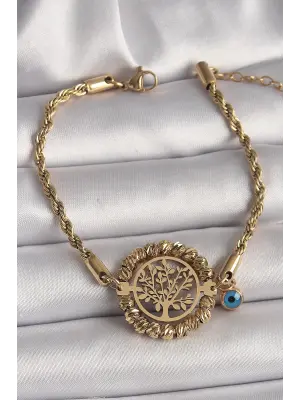 316L Çelik Gold Renk Burgu Zincir Model Dorika Yaşam Ağacı Figür Nazar Boncuk Detay Kadın Bileklik