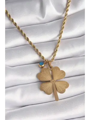  Altın  Burgu Zincir Model Yonca Figür Nazar Boncuk Detay  Çelik Kolye