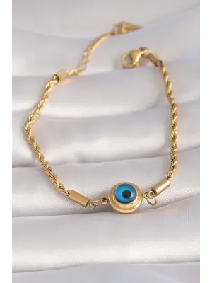 316L Çelik Gold Renk Burgu Zincir Nazar Boncuk Model Kadın Bileklik