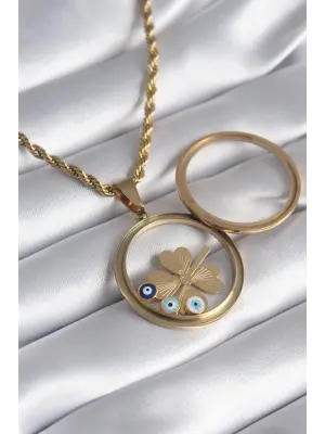  Altın  Burgu Zincir Yonca Figür Açılabilir Fanus Model  Çelik Kolye