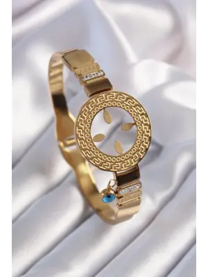 316L Çelik Gold Renk Çeyrek Altın Takılabilen Zirkon Taş İşleme Detay Kadın Bileklik