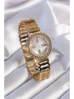 316L Çelik Gold Renk Çeyrek Altın Takılabilen Zirkon Taş İşleme Detay Kadın Bileklik