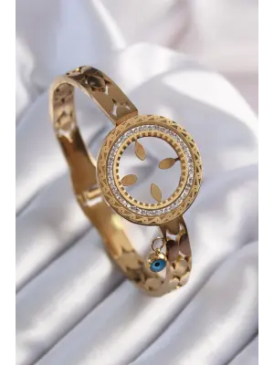 316L Çelik Gold Renk Çeyrek Altın Takılabilen Zirkon Taş Ve İşleme Detay Kadın Bileklik