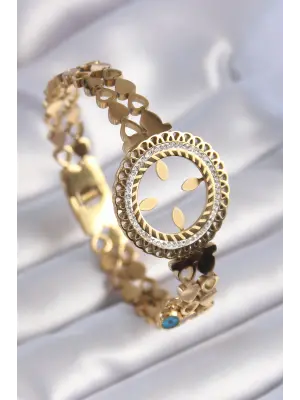 316L Çelik Gold Renk Çeyrek Altın Takılabilen Zirkon Taşlı Kalp İşleme Detay Kadın Bileklik