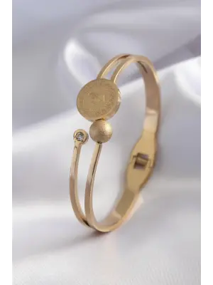 316L Çelik Gold Renk Çeyrek Altın Zirkon Taş Detay Kadın Kelepçe