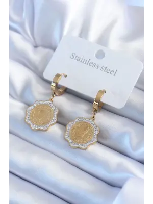   Altın Çeyrek Model Zirkon Taş Detay Çelik Küpe