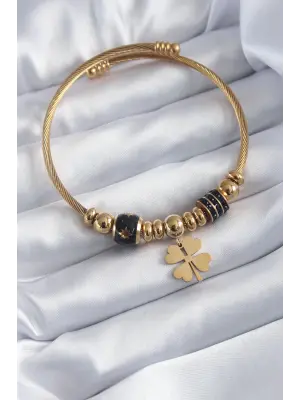 316L Çelik Gold Renk Charm Model Yonca Figür Zirkon Taş Detay Kadın Bileklik