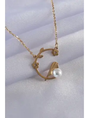  Altın  Çiçek Figür İnci Detay  Çelik Kolye